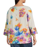 Ali Miles Plus Size Linen Blend Multi Floral Round Neck 3/4 Dolman Roll-Tab Sleeve Tunic