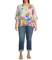 Ali Miles Plus Size Linen Blend Multi Floral Round Neck 3/4 Dolman Roll-Tab Sleeve Tunic