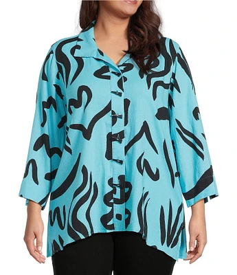 Ali Miles Plus Size Linen Blend Printed Point Collar 3/4 Sleeve Button Front Tunic