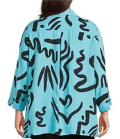 Ali Miles Plus Size Linen Blend Printed Point Collar 3/4 Sleeve Button Front Tunic