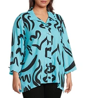 Ali Miles Plus Size Linen Blend Printed Point Collar 3/4 Sleeve Button Front Tunic