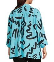 Ali Miles Plus Size Linen Blend Printed Point Collar 3/4 Sleeve Button Front Tunic