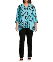 Ali Miles Plus Size Linen Blend Printed Point Collar 3/4 Sleeve Button Front Tunic
