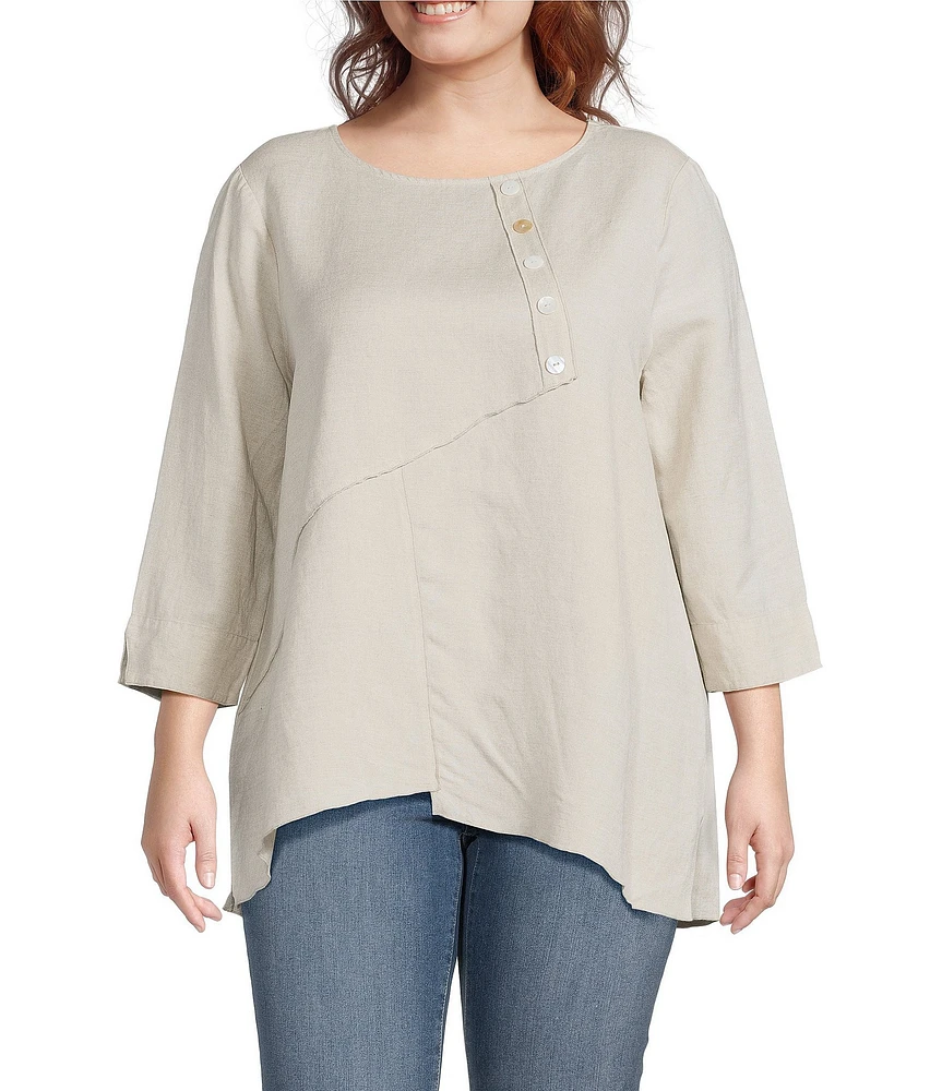 Ali Miles Plus Size Linen Blend V-Neck 3/4 Sleeve Asymmetrical Button Detail Tunic
