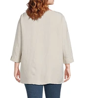 Ali Miles Plus Size Linen Blend V-Neck 3/4 Sleeve Asymmetrical Button Detail Tunic