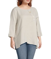 Ali Miles Plus Size Linen Blend V-Neck 3/4 Sleeve Asymmetrical Button Detail Tunic
