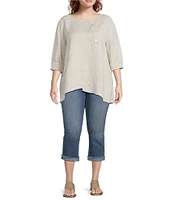 Ali Miles Plus Size Linen Blend V-Neck 3/4 Sleeve Asymmetrical Button Detail Tunic
