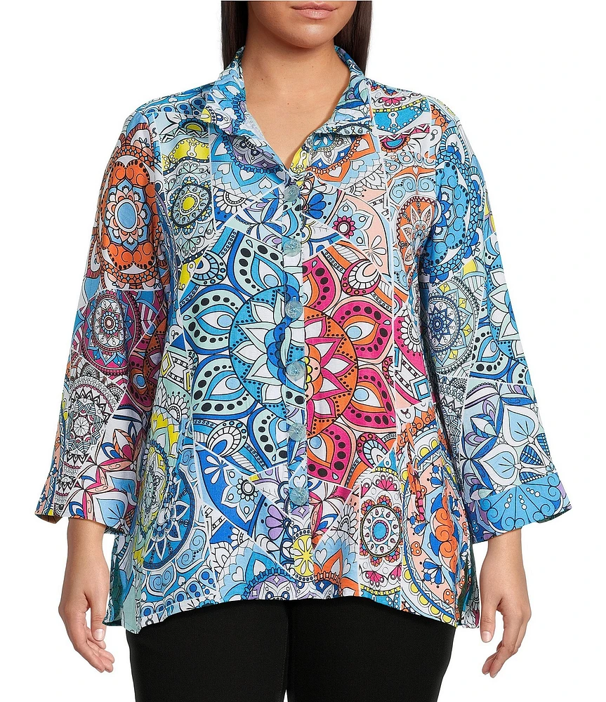 Ali Miles Plus Size Medallion Print Wire Collar 3/4 Sleeves Button Front Tunic