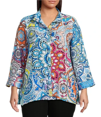Ali Miles Plus Size Medallion Print Wire Collar 3/4 Sleeves Button Front Tunic