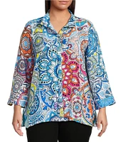 Ali Miles Plus Size Medallion Print Wire Collar 3/4 Sleeves Button Front Tunic