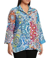 Ali Miles Plus Size Medallion Print Wire Collar 3/4 Sleeves Button Front Tunic