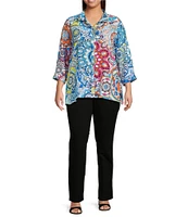 Ali Miles Plus Size Medallion Print Wire Collar 3/4 Sleeves Button Front Tunic