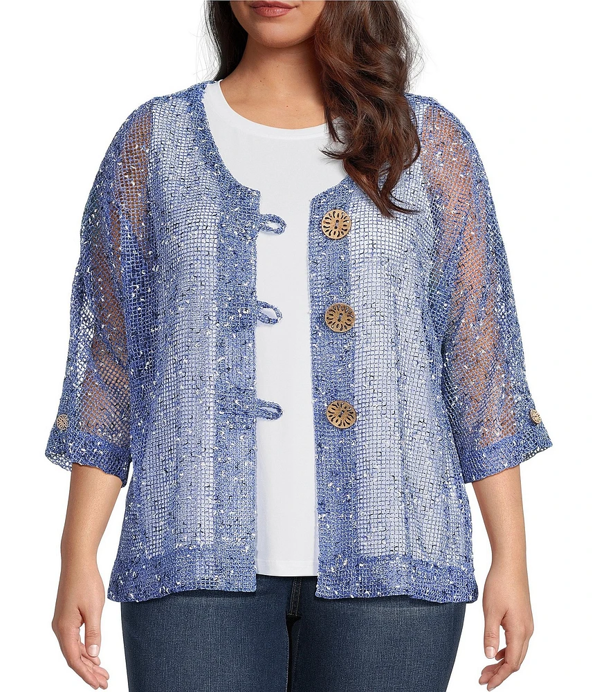 Ali Miles Plus Size Mesh Woven V-Neck Elbow Sleeve Jacket