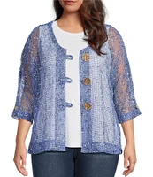 Ali Miles Plus Size Mesh Woven V-Neck Elbow Sleeve Jacket