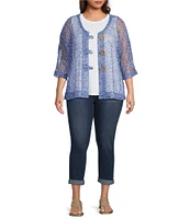Ali Miles Plus Size Mesh Woven V-Neck Elbow Sleeve Jacket