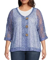 Ali Miles Plus Size Mesh Woven V-Neck Elbow Sleeve Jacket
