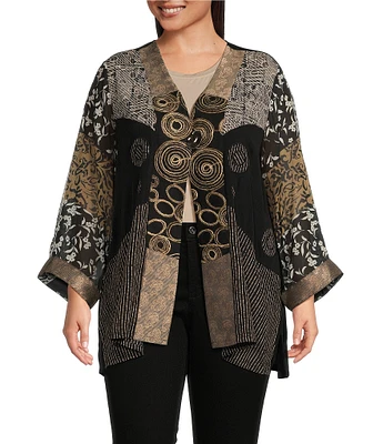 Ali Miles Plus Size Mix Media V-Neck 3/4 Sleeve Jacket