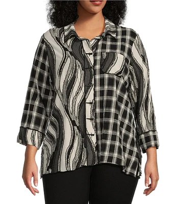 Ali Miles Plus Size Mixed Knit Woven Abstract Print Point Collar 3/4 Sleeve Hi-Low Hem Button-Front Tunic