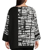 Ali Miles Plus Size Mixed-Media Abstract Printed Round Neck 3/4 Sleeve Top