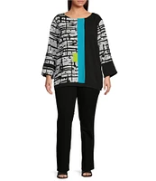 Ali Miles Plus Size Mixed-Media Abstract Printed Round Neck 3/4 Sleeve Top