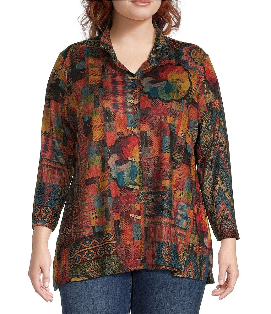 Ali Miles Plus Size Printed Brushed Knit Wire Collar 3/4 Sleeve A-Line Tunic