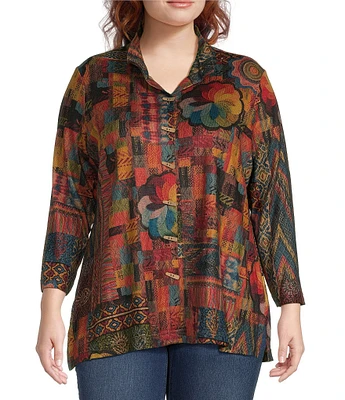 Ali Miles Plus Size Printed Brushed Knit Wire Collar 3/4 Sleeve A-Line Tunic