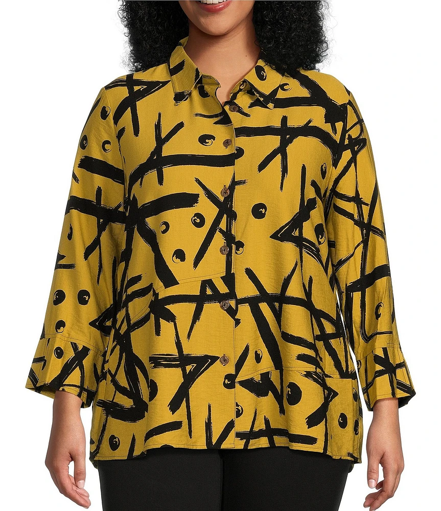 Ali Miles Plus Size Printed Collared 3/4 Cuffed Sleeve Button Down Top