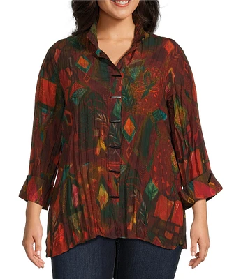 Ali Miles Plus Size Printed Collared 3/4 Sleeve Button Down Top