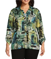 Ali Miles Plus Size Paris Postal Stamp Print Knit Jacquard Point Collar Neckline Roll-Tab Sleeve Tunic