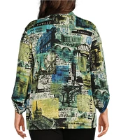 Ali Miles Plus Size Paris Postal Stamp Print Knit Jacquard Point Collar Neckline Roll-Tab Sleeve Tunic