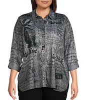 Ali Miles Plus Size Printed Knit Point Collar Long Roll-Tab Sleeve Button Front Tunic