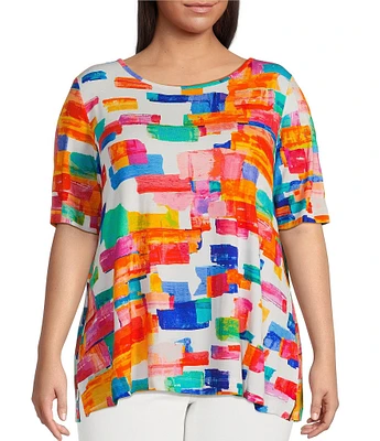 Ali Miles Plus Size Printed Knit Round Neck Elbow Sleeve Top