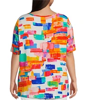 Ali Miles Plus Size Printed Knit Round Neck Elbow Sleeve Top