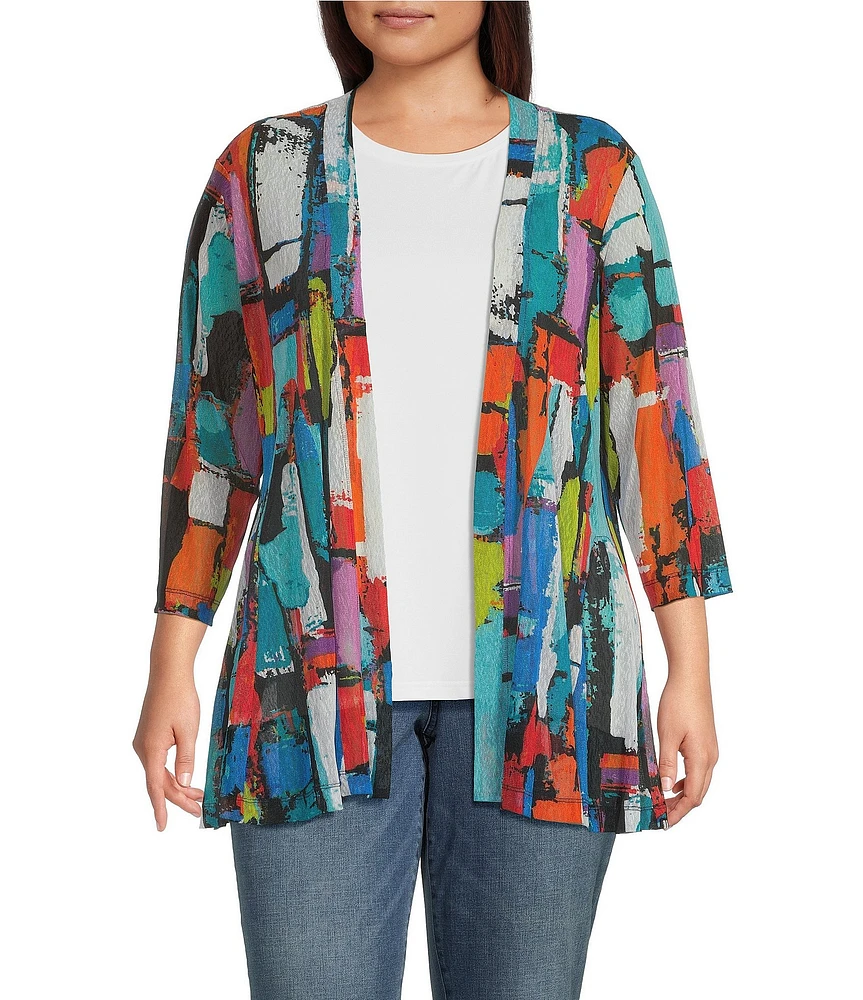 Ali Miles Plus Size Printed Mesh 3/4 Sleeve Open-Front Kimono