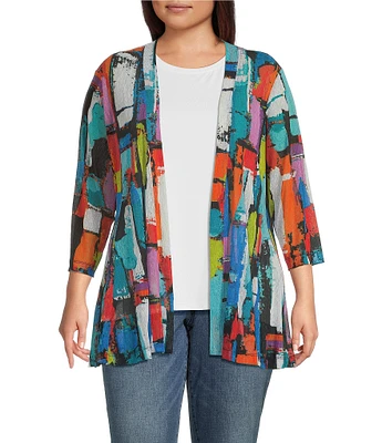 Ali Miles Plus Size Printed Mesh 3/4 Sleeve Open-Front Kimono