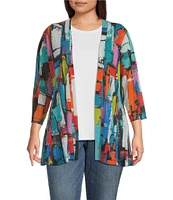 Ali Miles Plus Size Printed Mesh 3/4 Sleeve Open-Front Kimono