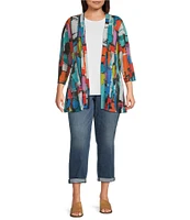 Ali Miles Plus Size Printed Mesh 3/4 Sleeve Open-Front Kimono