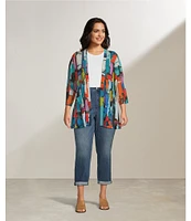 Ali Miles Plus Size Printed Mesh 3/4 Sleeve Open-Front Kimono