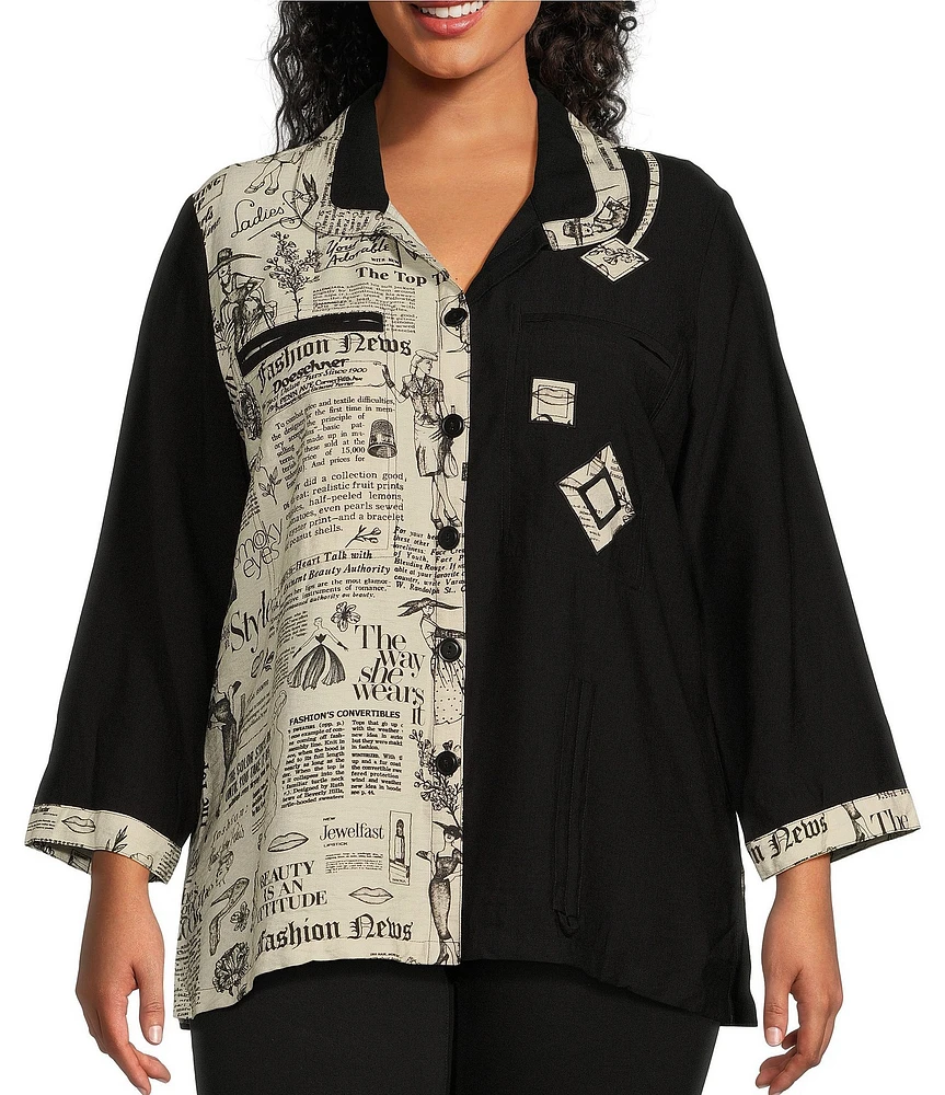 Ali Miles Plus Size Printed Point Collar 3/4 Sleeve Button Down Top