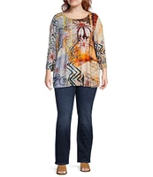 Ali Miles Plus Size Printed Stretch Knit Round Neck 3/4 Sleeve Tunic