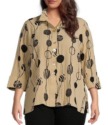 Ali Miles Plus Size Printed Woven Crinkle Wire Collar 3/4 Sleeve Button Front Tunic