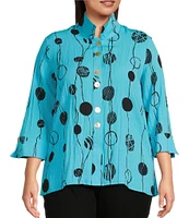 Ali Miles Plus Size Printed Woven Crinkle Wire Collar 3/4 Sleeve Button Front Tunic