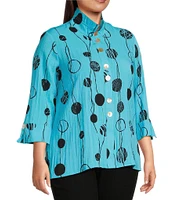 Ali Miles Plus Size Printed Woven Crinkle Wire Collar 3/4 Sleeve Button Front Tunic