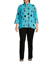 Ali Miles Plus Size Printed Woven Crinkle Wire Collar 3/4 Sleeve Button Front Tunic