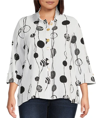 Ali Miles Plus Size Printed Woven Crinkle Wire Collar 3/4 Sleeve Button Front Tunic