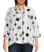 Ali Miles Plus Size Printed Woven Crinkle Wire Collar 3/4 Sleeve Button Front Tunic