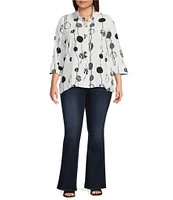 Ali Miles Plus Size Printed Woven Crinkle Wire Collar 3/4 Sleeve Button Front Tunic