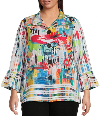 Ali Miles Plus Size Printed Woven Wire Collar 3/4 Bell Sleeve Button-Front Blouse