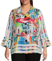 Ali Miles Plus Size Printed Woven Wire Collar 3/4 Bell Sleeve Button-Front Blouse