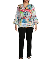 Ali Miles Plus Size Printed Woven Wire Collar 3/4 Bell Sleeve Button-Front Blouse